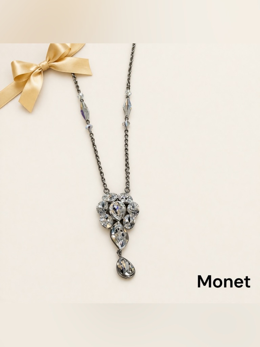Monet Silver Tone Crystal Statement Long Necklace Signed